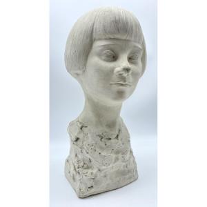 1928 Belgium Léon Gobert (1869-1935) Art Deco Plaster Bust Of A Girl