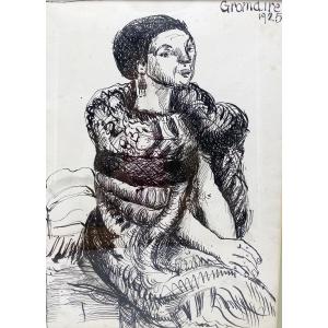 1925 Signed Marcel Gromaire Drawing Of A Sitting Woman Ink On Paper