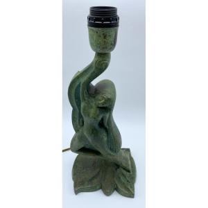 Scandinavian Art Deco Table Lamp In Patinated Bronze In The Shape Of A Mermaid