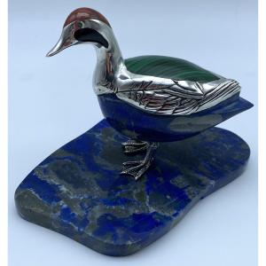 Rare Bird Sculpture In  Lapis Lazuli Stone And Silver