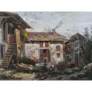 Charles Émile JACQUE  (1813-1894) / Cour de ferme / huile sur panneau parqueté 