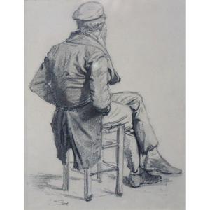 JULES WORMS (1832-1924) / Dessin / Pêcheur assis 