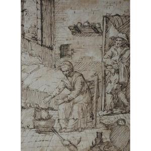 DESSIN ITALIEN XVIIème SIÈCLE / École De Crémone / Italie / Intérieur Paysan