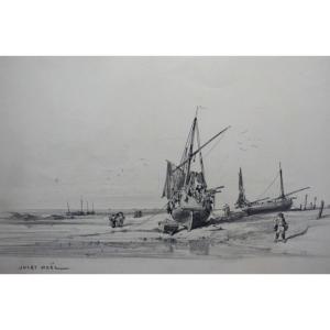 JULES NOËL (1810-1881) / PÊCHEURS ET BATEAUX SUR LA PLAGE / dessin