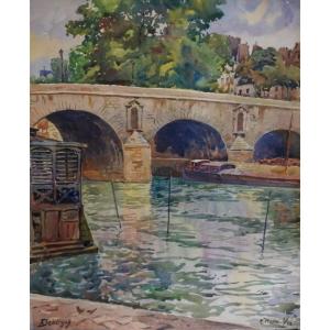 PONT MARIE EN BORD DE SEINE AVEC CABINE DE BAINS / PARIS / A.A. DEBERGUE (1872-1948) DATÉE AOÛT 1930 / AQUARELLE