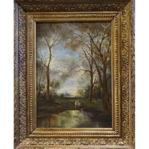 ÉCOLE FRANÇAISE XIX ème siècle / Vaches à l'étang / huile s/c
