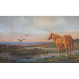 CHEVAL EN CAMARGUE / FIN XIX ème Siècle / HUILE SUR TOILE