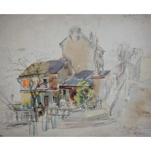 PARIS / CABARET AU LAPIN AGILE / MONTMARTRE / DATÉ 1921 / EUGÈNE VÉDER (1876-1936)/ AQUARELLE 