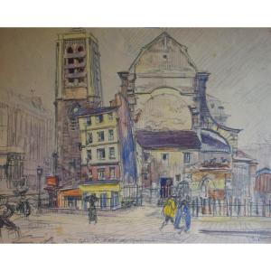 PARIS HISTORIQUE CIRCA 1910 /ÉGLISE ST NICOLAS DU CHARDONNET / E. VÉDER (1876-1936) / Aquarelle