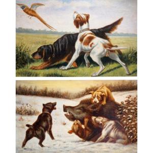 XIXème siècle / DEUX SCÈNES DE CHASSE FAISANT PENDANT/ huiles sur carton 