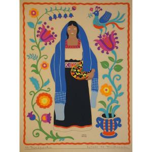 CARLOS MERIDA (1891-1984) / FEMME MEXICAINE / pochoir à la gouache