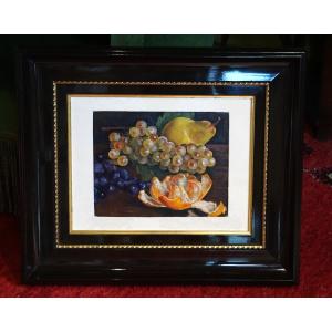 André-léon Vivrel (1886-1976) /autumn Fruits: Grapes, Pear, Mandarin"/ Oil On Canvas Board