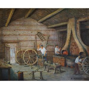 Trades Of Yesterday / Dated 1896 / Wheelworker's Workshop / Oil On Canvas