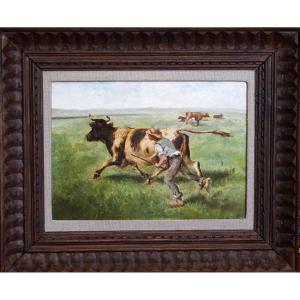 Rural Scene: The Shepherd And His Cow / 19th Century / Oil On Canvas
