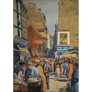 Rue Mouffetard - Paris 1930 / 5th Arrondissement Jf Commauche / Watercolor