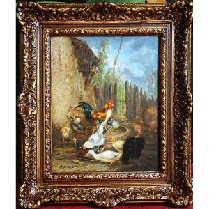 Charles-émile Jacque (1813-1894) / Barbizon School / Low Courtyard / Oil On Panel