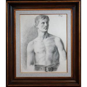 Portrait Of An Athlete / Academy / Late 19th Century / Charcoal