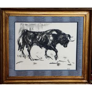Bull With Raised Leg / José Luis Rey Vila (1910-1983) / Ink And Wash On Pape