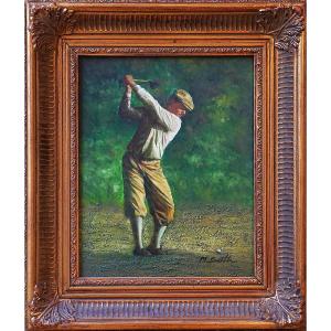 English School / Golfer / Oil On Panel / Mid-20th Century
