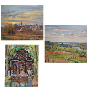 André-léon Vivrel (1886-1976) – Set Of 3 Oil Paintings – Paris & Landscapes