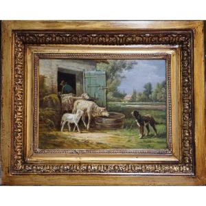 A Lively Pastoral Scene With Sheep And A Dog / J. Gamot / 19th Century