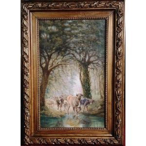19th Century / Pastoral Clairiere: Caches In A Woodland / Oil On Canvas
