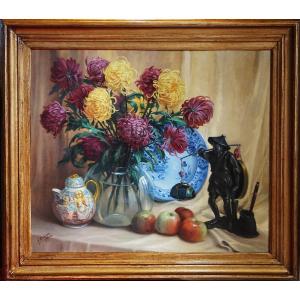 Gérard Bakker (1879-1967) / Bouquet Of Chrysanthèmes And Devorative Objects / Dated 1943