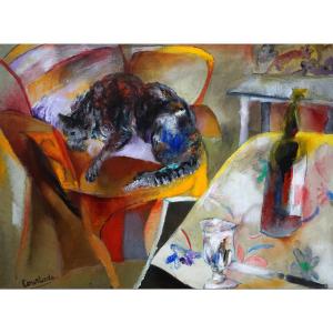 Le Chat Sur Le Fauteuil / Jacques Courtade (1922-1994) / Oil On Canvas