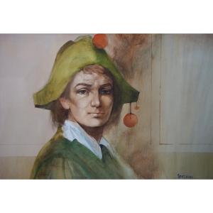 Harlequin Figure, Poetic Study / Andre Bertrand (1929-2003) / Watercolor