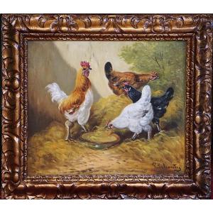 Paul Schouten (1860-1922) / Flamish Lockhouse With Chicken And Coq / Oil On Canvas