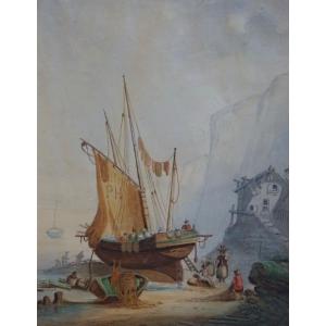 Year 1854 / Return From Fishing On The Shore / Watercolor