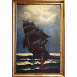 Sailboat At Sea By Moonlight / Edward F. D. Pritchard (1809–1905) / Oil On Canvas