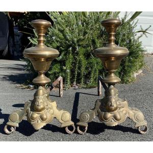 Pair Of Andirons In Bronze Said Marmousets XVIII Th.