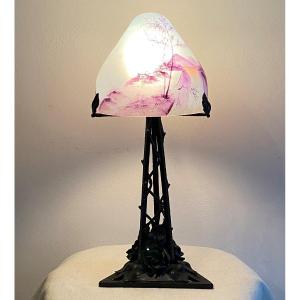 Art Deco Wrought Iron Lamp And Painted Glass Dome Twentieth Century