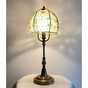 Table Lamp In Bronze With Pearls And Flowers In Glass XX Th