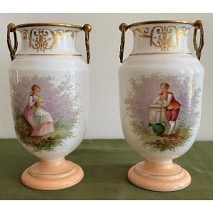 Pair Of Vases In Opaline Circled With Bronze And Enhanced With Gold XIX