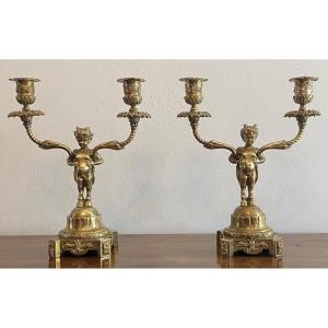 Pair Of Candlesticks With Fauns In Gilt Bronze XIX