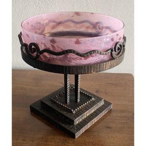 Cup Or Table Center In Wrought Iron And Art Deco Glassware 20th Century.