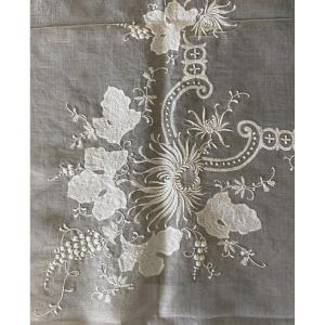 White Linen Tablecloth With Flowers, Grapes, Vine Leaves Decor Early