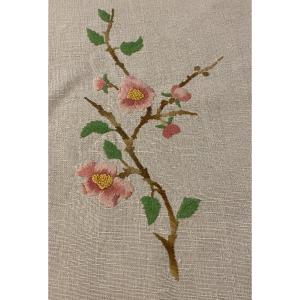 Large Embroidered Linen Tablecloth With Flower Decor, 19th Century