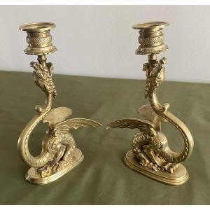 Pair Of Gilt And Chiseled Bronze Candlesticks With Dragon Decor, 19th Century