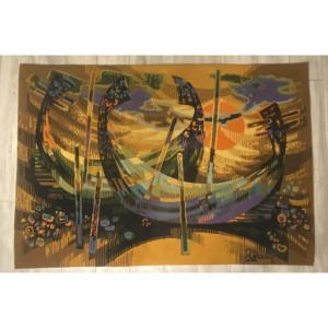 Debieve Robert Aubusson Tapestry In Wool "barques In Aveiro" 20th Century