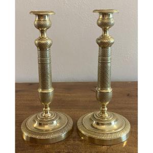 Pair Of Charles X Period Bronze Candlesticks, Gilded And Chiseled, 19th Century
