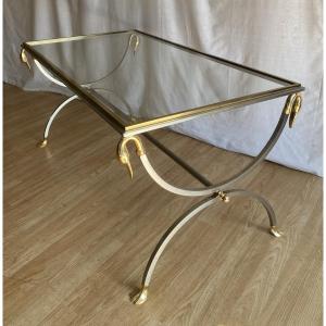 Large Maison Jansen Coffee Table, Brushed Metal And Brass, Swan Neck, 20th Century