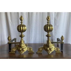 Pair Of Andirons Or Fireplace Fronts Called "marmouset" In Gilded Bronze, 19th Century