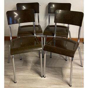 Herbst René 4 Art Deco Chairs In Chrome And Bakelite 20th Century