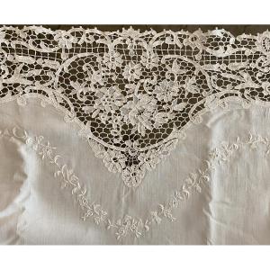 Luxeuil Lace Sheet Embroidered With Flowers Monogrammed Se 19th Century