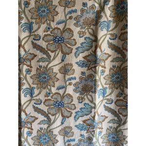 Pair Of Curtains With Blue Floral Decoration, 20th Century