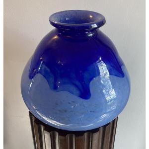 Degué Large Art Deco Vase In Blue Glass Paste 20th Century