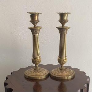 Pair Of Bronze Candlesticks From The Charles X Period, Gilded And Chased, 19th Century